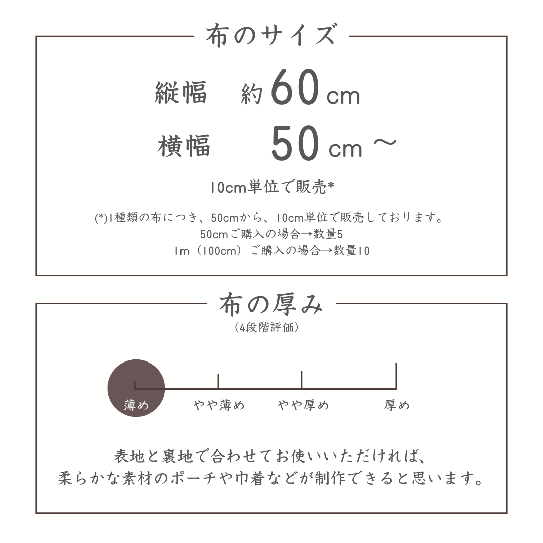 布のサイズ、厚み